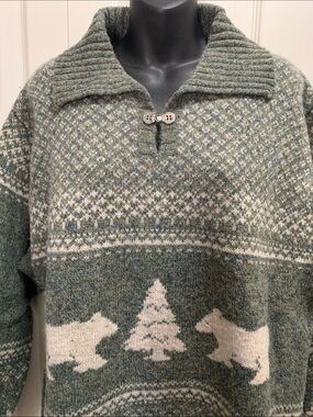 Grey Green Bear Tree 💯 Shetland Wool Vintage Pullover Sweater